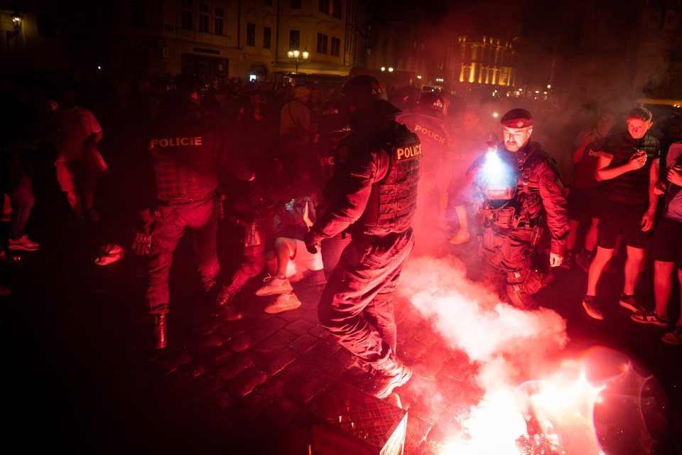 Fans clashed with riot cops in Prague