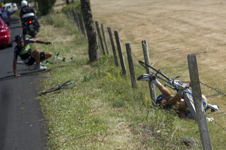 Johnny Hoogerland was pushed off the road by a car and into a barbed-wire fence