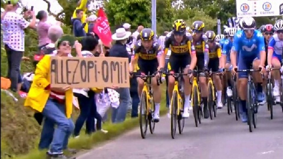 A fan was arrested after causing a crash in the peloton while holding out a sign