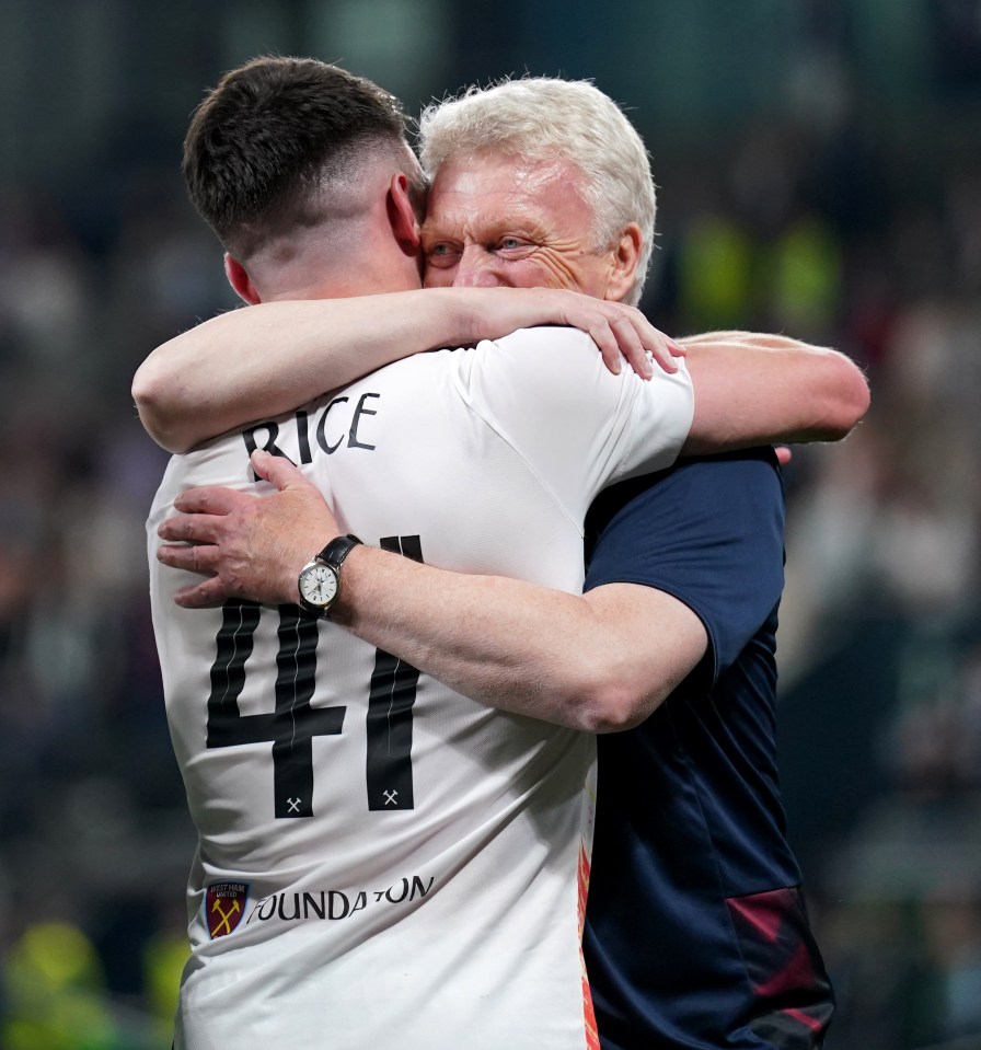 Skipper Declan Rice and manager David Moyes let out their emotion after West Ham snatched an historic triumph in the Europa Conference League