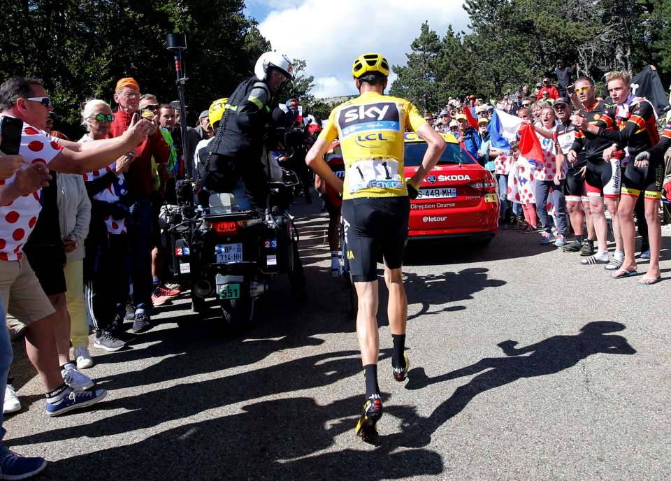 Yellow jersey Chris Froome ran up Mont Ventoux after a crash in 2016