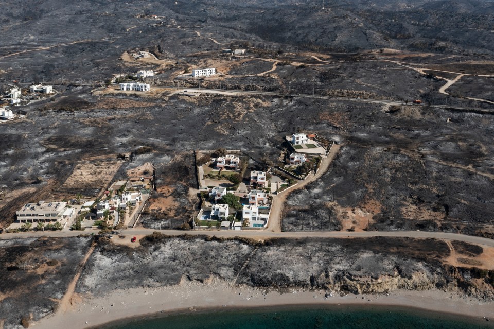 Aerial pictures show the blackened coastline of Gennadi, Rhodes which has been ravaged by two weeks of burning