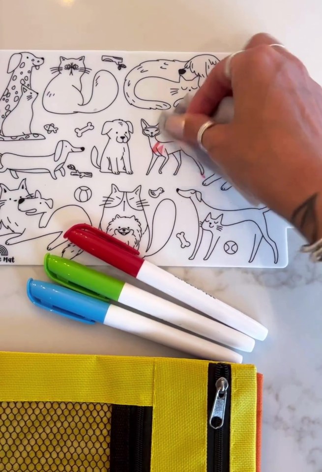 The reusable scribble mat comes with pens and can be drawn on and rubbed out again