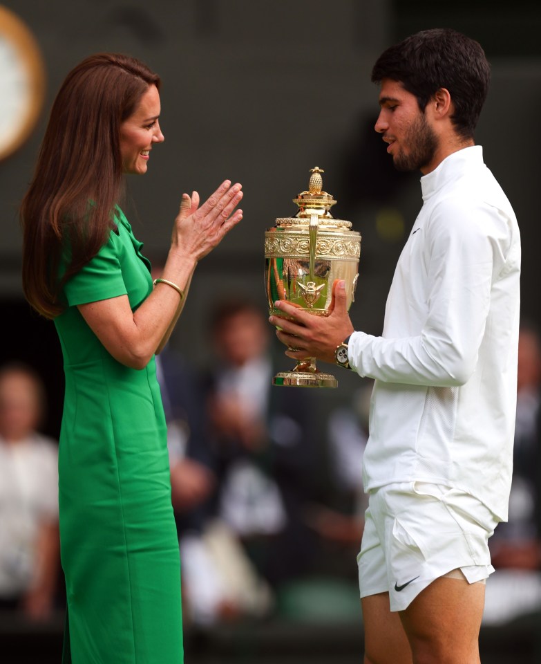 Kate presented Spanish star Alcaraz with the Wimbledon trophy after his five-set win