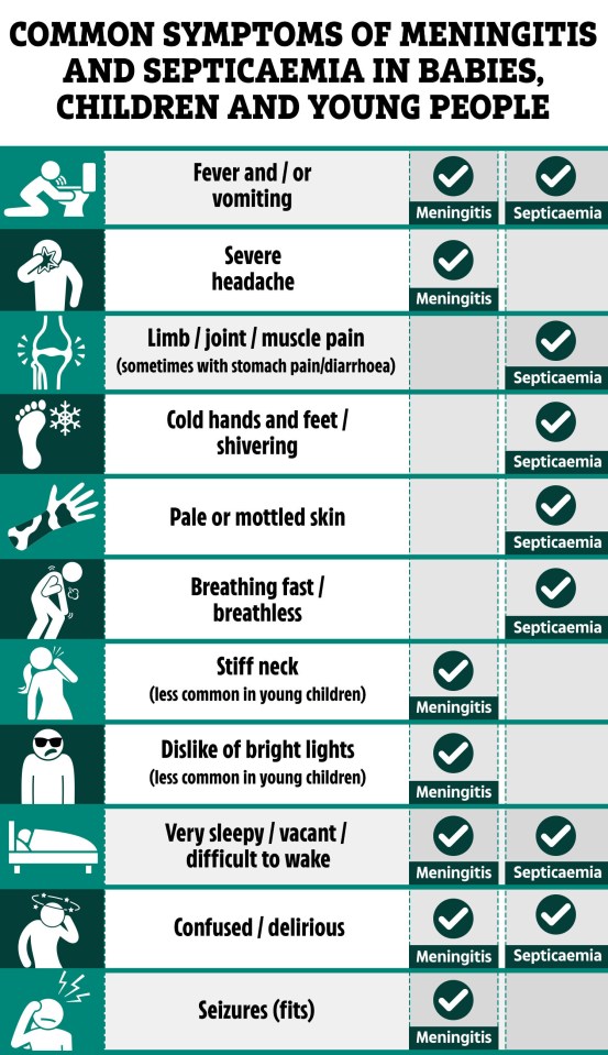 a list of common symptoms of meningitis and septicaemia in babies children and young people