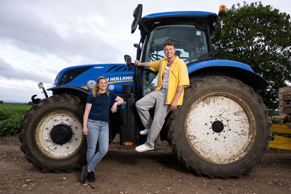 Roman Kemp pictured with farmer Imogen Stanley at a McCain farm in Oxfordshire