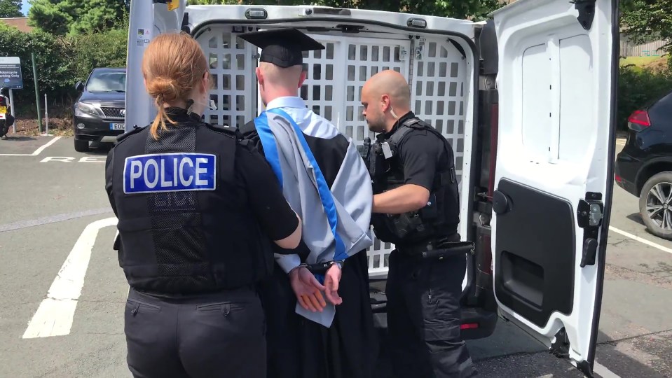 Just Stop Oil Exeter University graduation protest arrest - SCREEN GRAB TAKEN FROM VIDEO: //twitter.com/JustStop_Oil/status/1680944994855575553?ref_src=twsrc%5Egoogle%7Ctwcamp%5Eserp%7Ctwgr%5Etweet