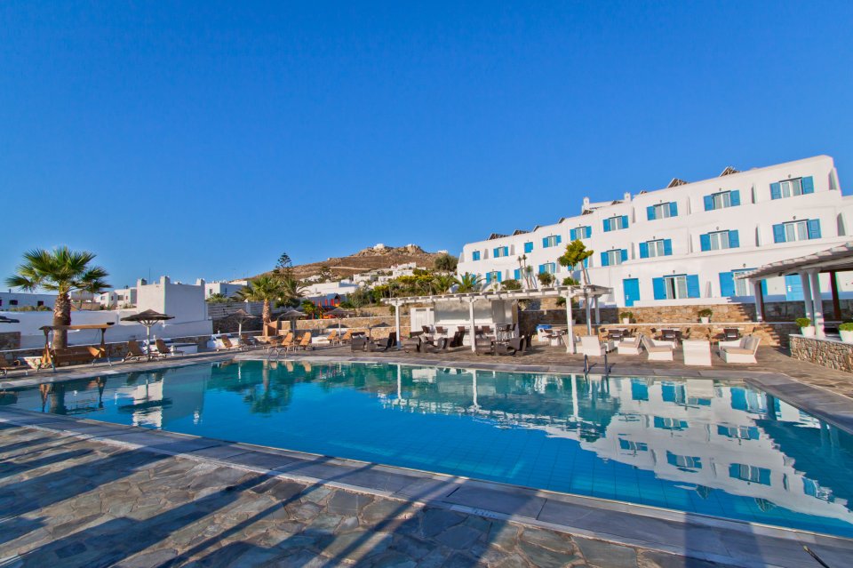 The Yiannaki Hotel is perched on a hill overlooking one of Mykonos' best beaches