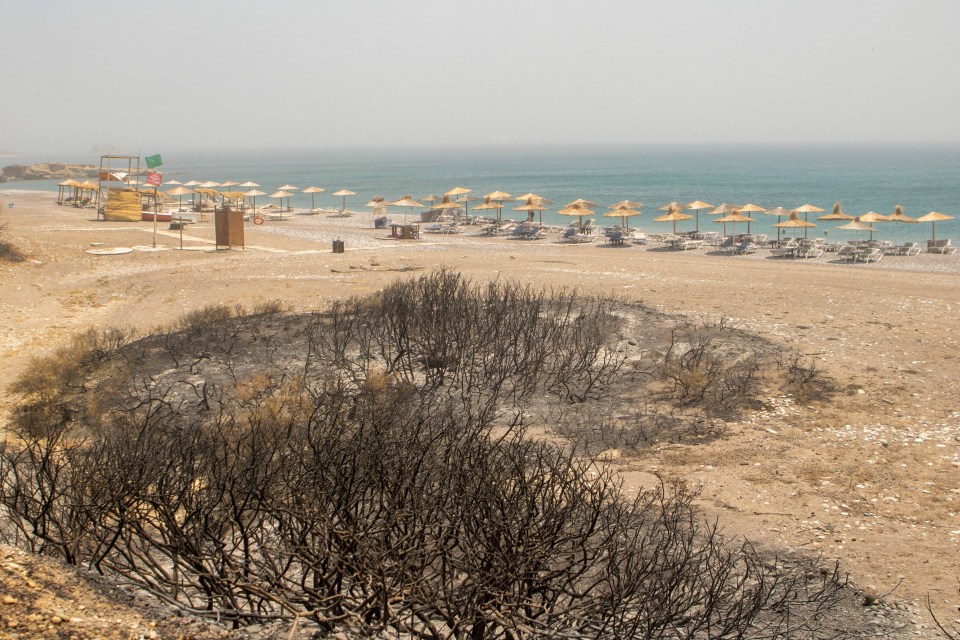 Burned vegetation is seen next to a beach, as a wildfire burns near the village of Kiotari, Rhodes