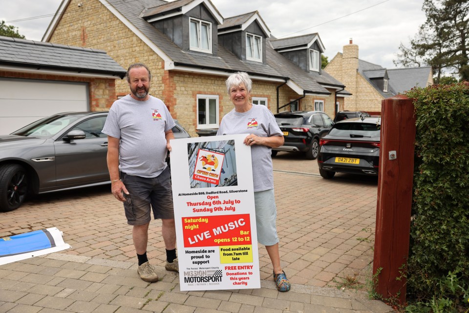 Mark Henry and Leslie Chaplin set up a ‘pub’ in their back garden during the F1 weekend