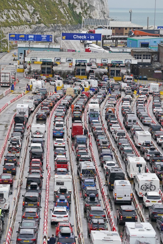 Cars queue at the Port of Dover, Kent, as the busy summer travel period continues