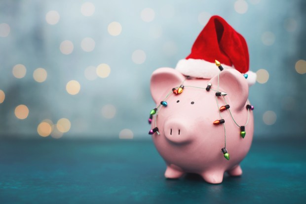 a pink piggy bank wearing a santa hat and decorated with christmas lights