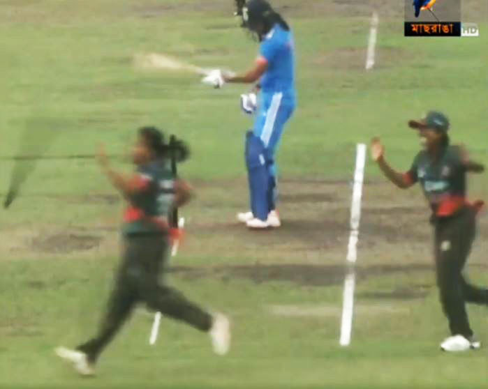 As the Bangladesh team celebrated, she smashed her stumps