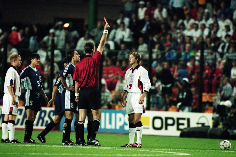 David was sent off after his infamous red card for kicking Argentina’s Diego Simeone during the 1998 World Cup