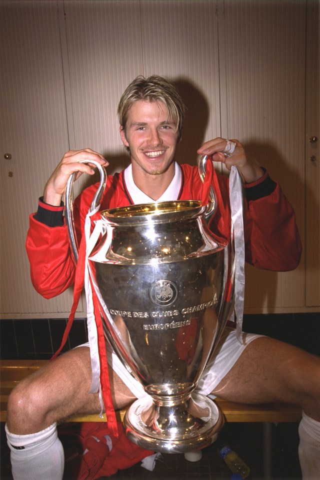 Beckham with the European Cup after the UEFA Champions League Final between Bayern Munich v Manchester United in 1999