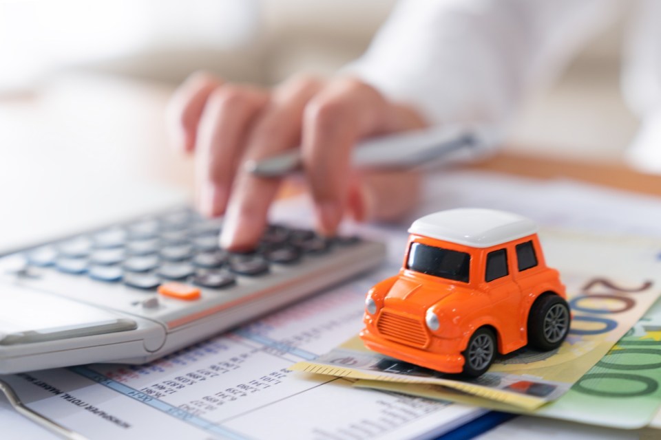 Business, finance, saving money, banking or car loan concept : Top view or flat lay of miniature car model, calculator and pen on office desk table with copy space ready for adding or mock up