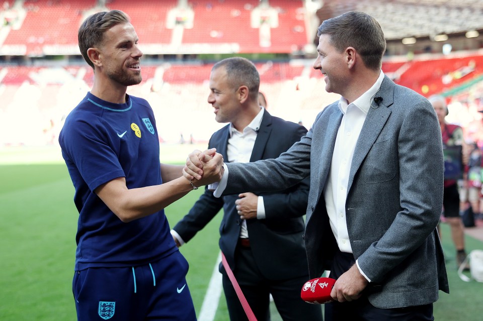 MANCHESTER, ENGLAND - JUNE 19: Jordan Henderson of England talks to former England player Steven Gerrard prior to the UEFA EURO 2024 qualifying round group C match between England and North Macedonia at Old Trafford on June 19, 2023 in Manchester, England. (Photo by Eddie Keogh - The FA/The FA via Getty Images)