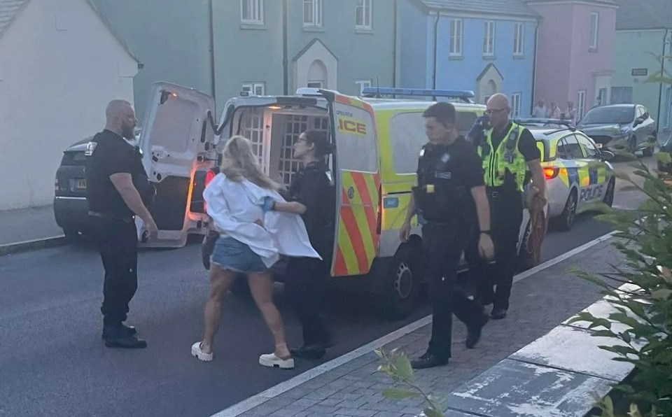 Donning a white shirt a denim shorts she was dragged into the van accompanied by four police officers