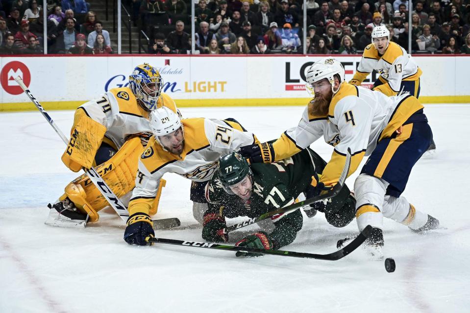 A brawl kicks off at the Predators ice hockey match