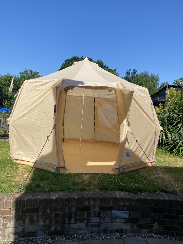 a tent with a blue sticker on it that says ' a ' on it