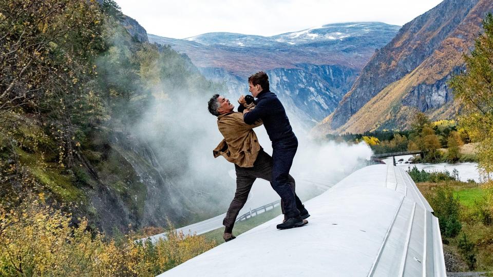 Tom Cruise's new film encountered so many delays, problems and challenges - pictured above the star landing on top of a train and getting to grips with a baddie