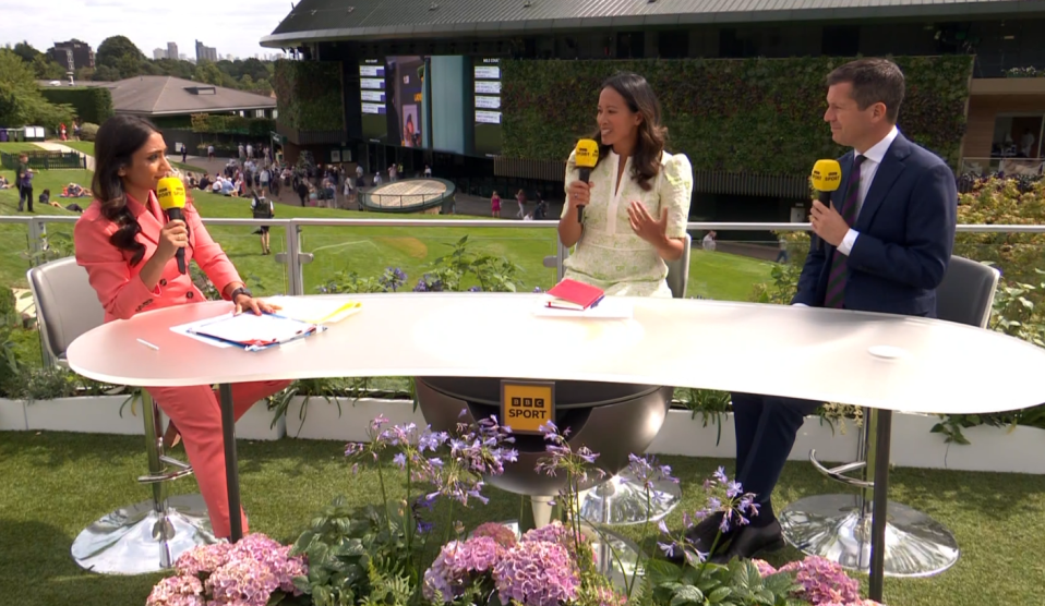 Isa Guha, left, opened the BBC's Wimbledon 2023 coverage with Anne Keothavong, centre, and Tim Henman, right