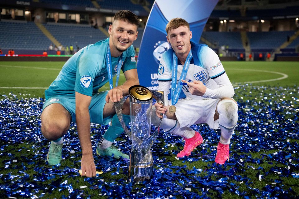 Goalkeeping hero James Trafford (left) has just sealed a move to Prem new boys Burnley and Cole Palmer is trying to break into Treble-winning Manchester City's team