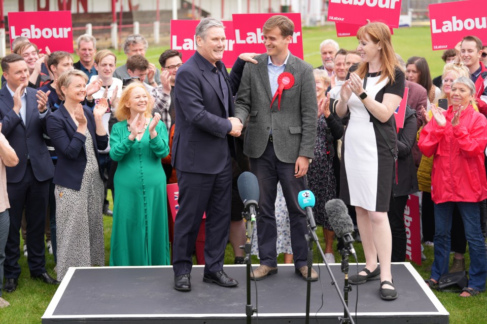 Labour leader Sir Keir Starmer and deputy Labour Party leader Angela Rayner celebrate the election of Keir Mather at Selby football club, North Yorkshire