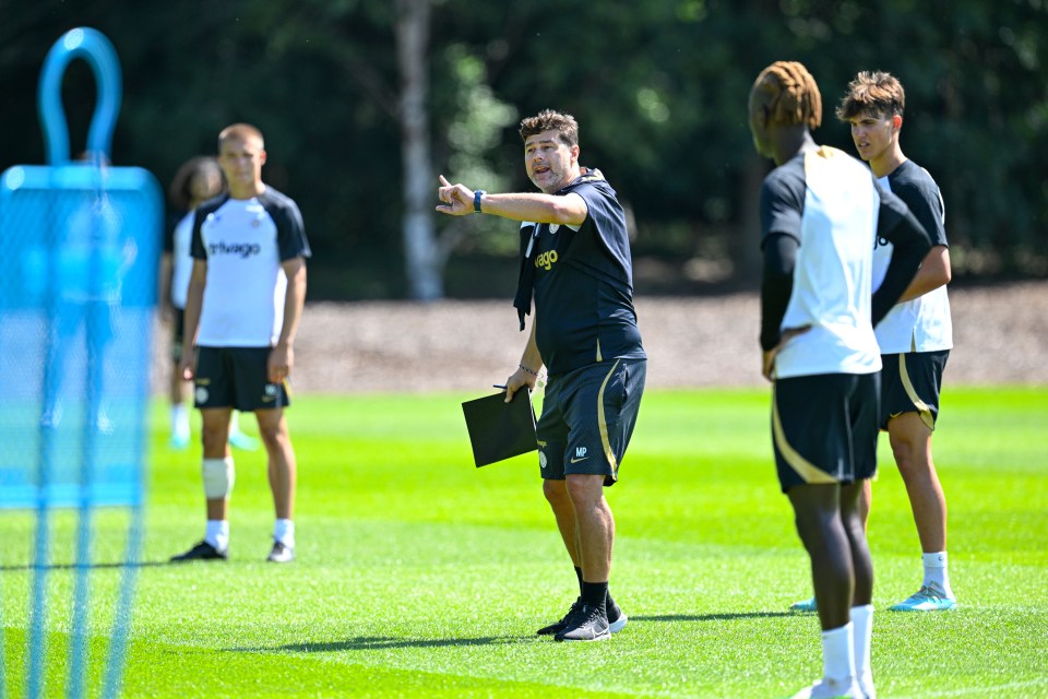 Mauricio Pochettino leading Chelsea during a training session