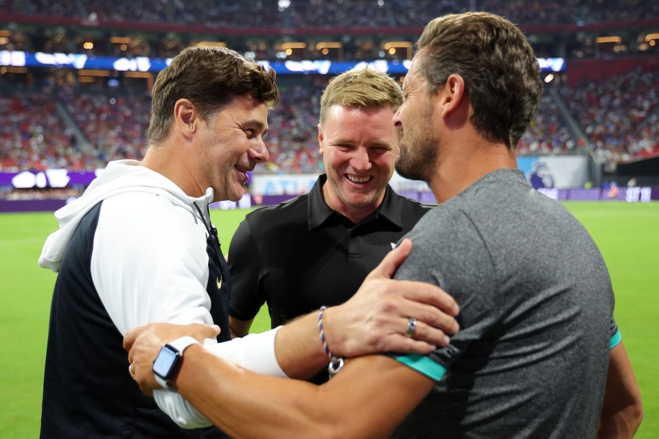 Magpies boss Eddie Howe and his assistant Jason Tindall share a laugh with Chelsea counterpart Mauricio Pochettino before the friendly