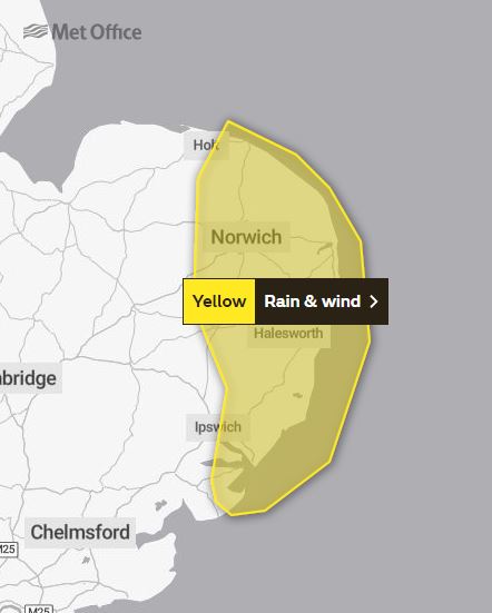 A yellow weather warning for rain and wind has been issued for Norwich which lasts until tomorrow morning