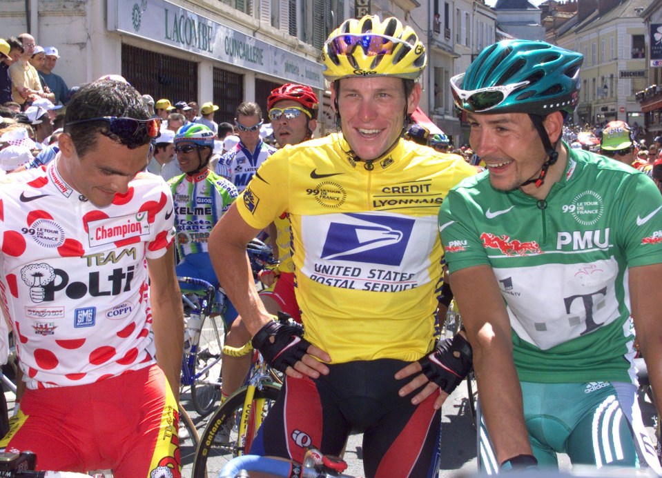 Lance Armstrong, centre, was stripped of his seven Tour titles for doping offences