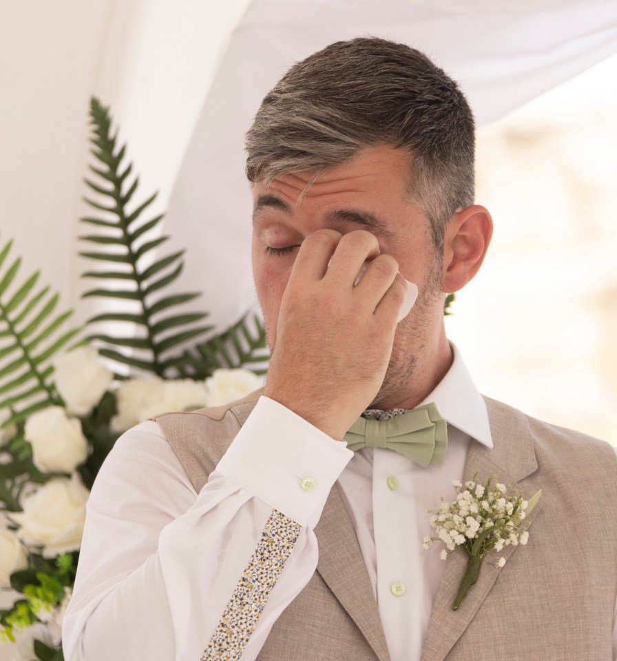 An emotional Rob wipes away tears of joy after making it to Rhodes and the wedding