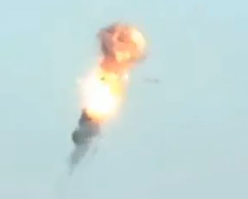 The KA-52 Alligator is then seen exploding into flames after the direct hit