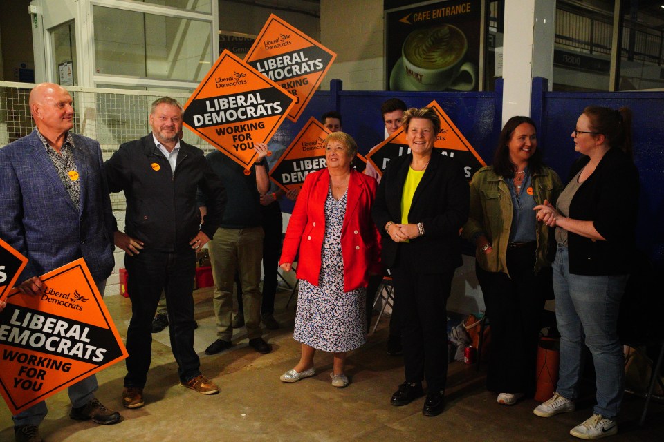 Sarah Dyke, Liberal Democrat Party candidate, celebrates overturning an 11,000 majority to win Somerton and Frome