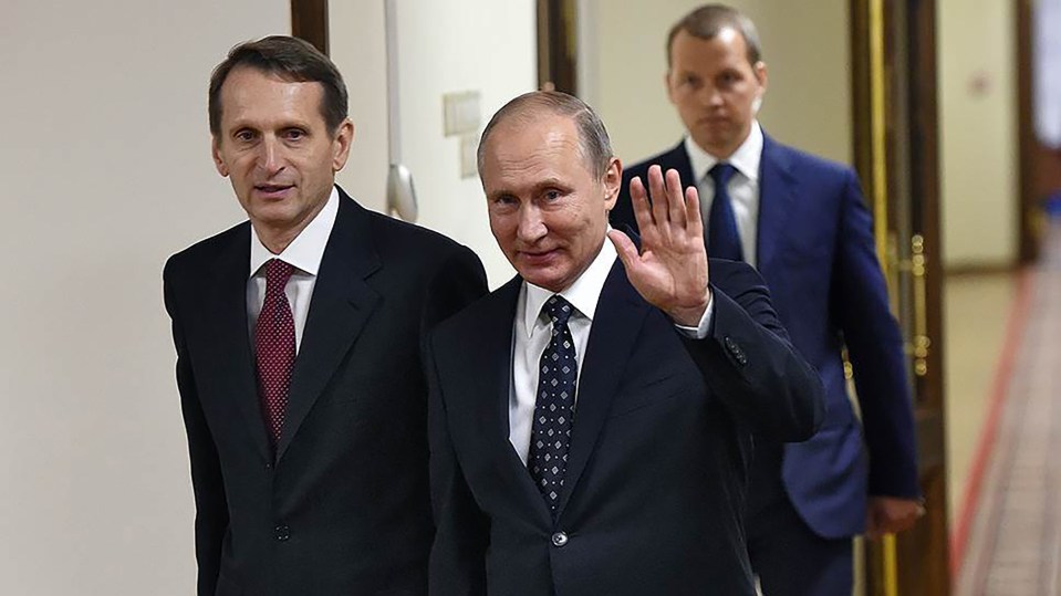 Putin and SVR intelligence chief Sergei Naryshkin, left, held a secret summit with Prigozhin and his Wagner commanders in the Kremlin