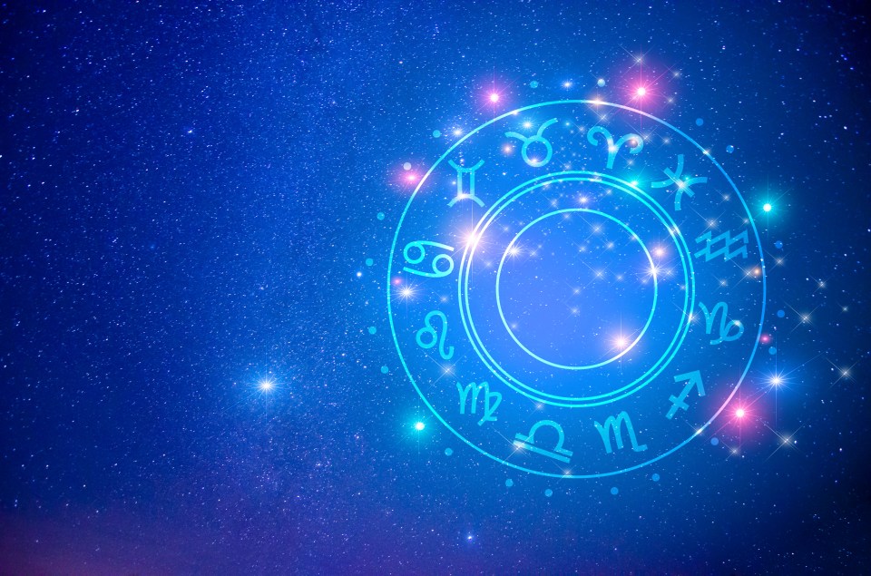 Zodiac signs inside of horoscope circle. Astrology in the sky with many stars and moons astrology and horoscopes concept