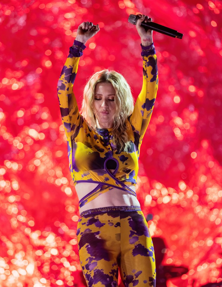 Ellie Goulding wore this purple and orange crop-top and trousers as she sang some of her biggest hits