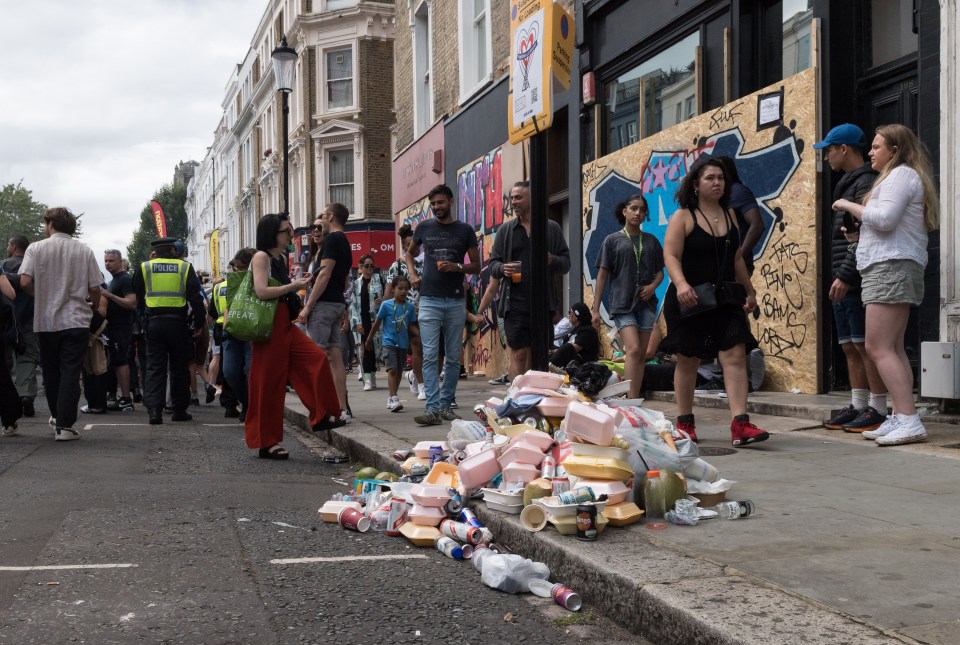 Huge piles of rubbish and takeaway boxes left behind after Notting Hill Carnival