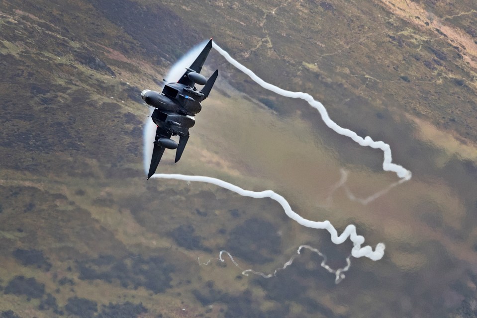 A US Air Force F-15 fighter jet based at RAF Lakenheath training above Wales