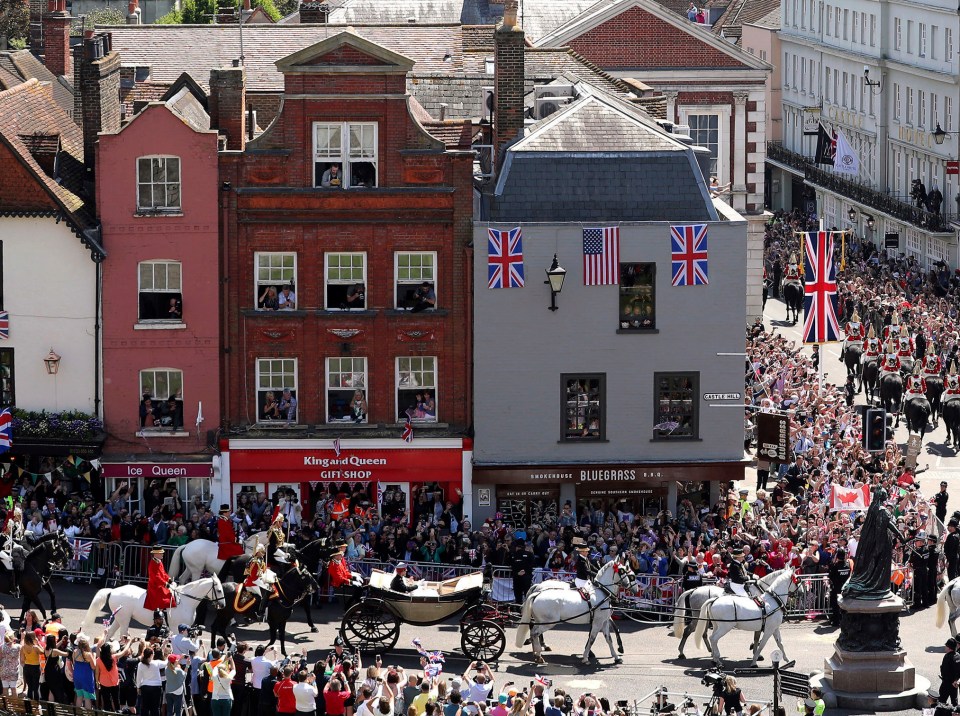 Peter lives above the King and Queen gift shop, seen here from above on the 2018 Royal Wedding day