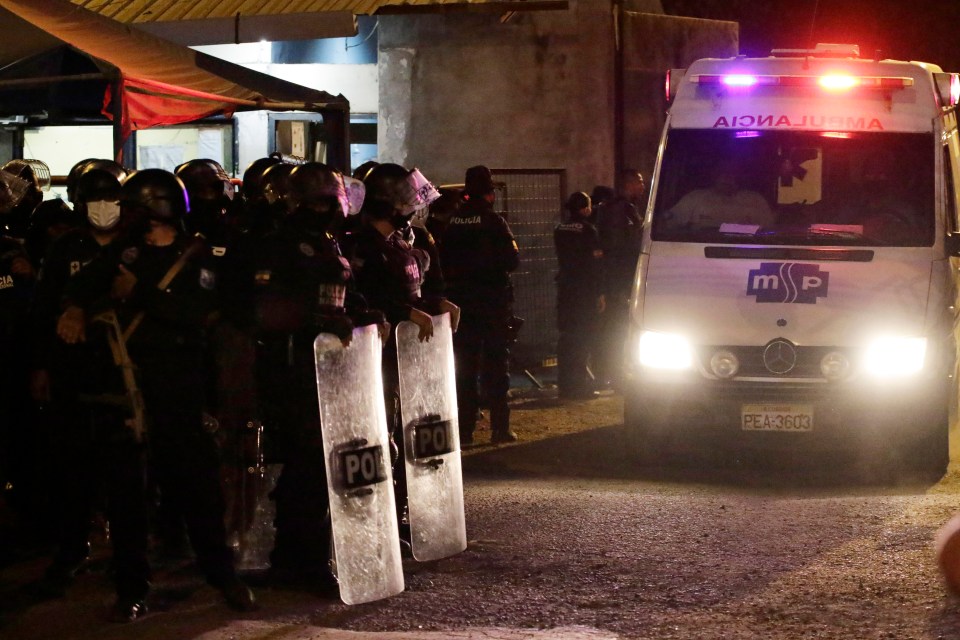 An ambulance leaves the Litoral prison after a riot in Guayaquil