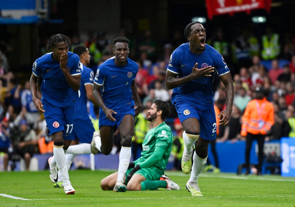 Chelsea’s Axel Disasi celebrates after his debut goal against Liverpool