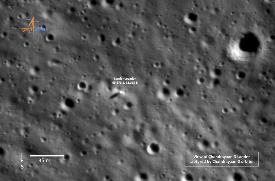 The Chandrayaan-3 lander as seen by the Chandrayaan-2 orbiter on the Moon where sulphur has been detected