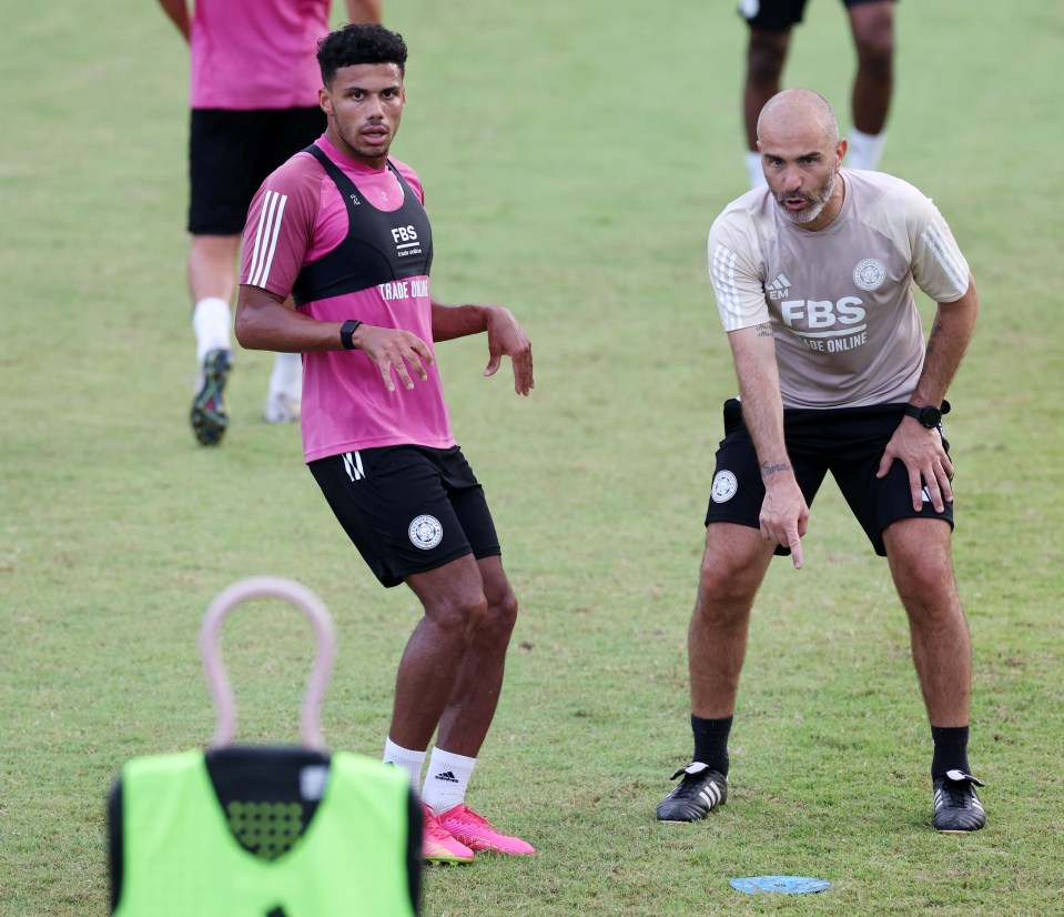 Enzo Maresca puts James Justin through his paces at an open training event Leicester held for their fans at the King Power Stadium