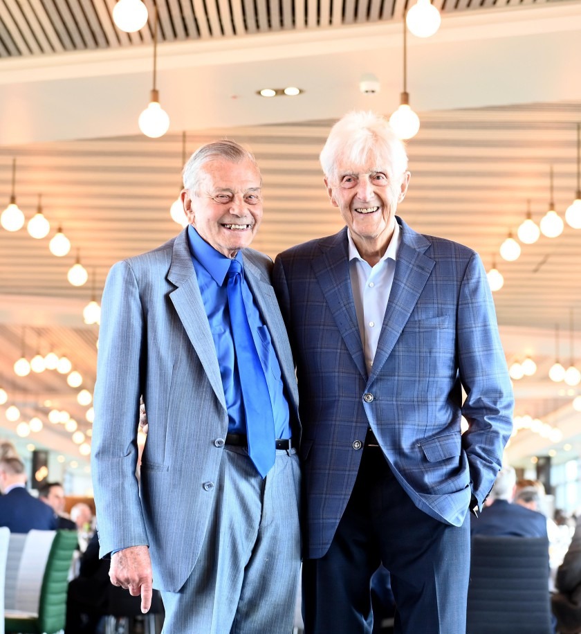 Mandatory Credit: Photo by Simon Wilkinson/SWpix.com/Shutterstock (13879538r) Picture by Simon Wilkinson/SWpix.com - 19/04/2023 - Cricket - The 90th Birthday Party of Harold " Dickie " Bird today ( weds ) celebrated with friends at The Howard Suite at Yorkshire County Cricket Club - Dickie Bird pictured at Headingley pictured at Headingley with his lifelong friend Sir Michael Parkinson Dickie Bird 90th Birthday. Leeds, UK - 19 Apr 2023