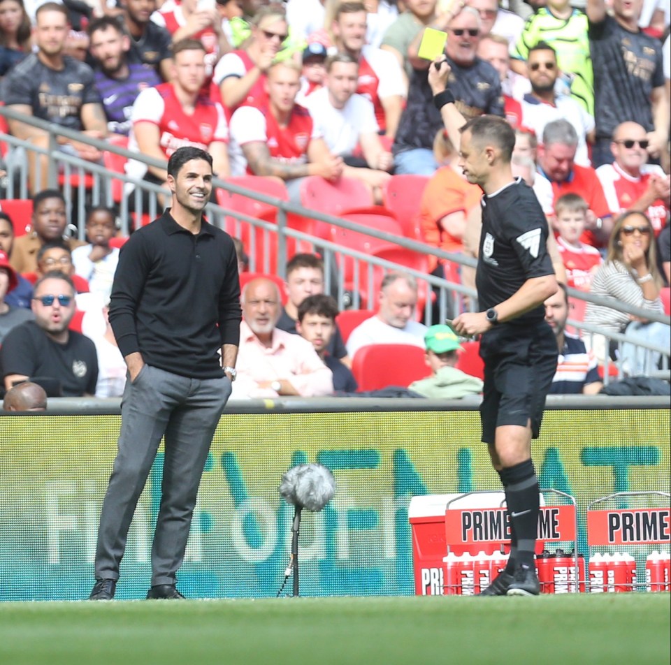 Mikel Arteta was booked by Stuart Attwell during n the Community Shield