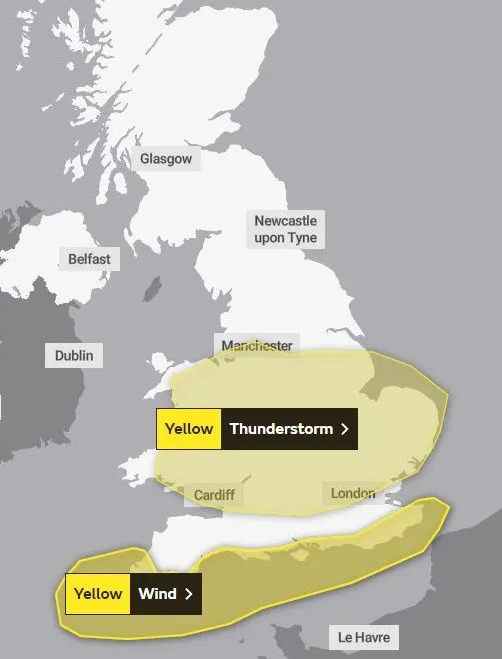 Gales will batter the South Coast while thunderstorms will hammer much of central and northern England on Wednesday