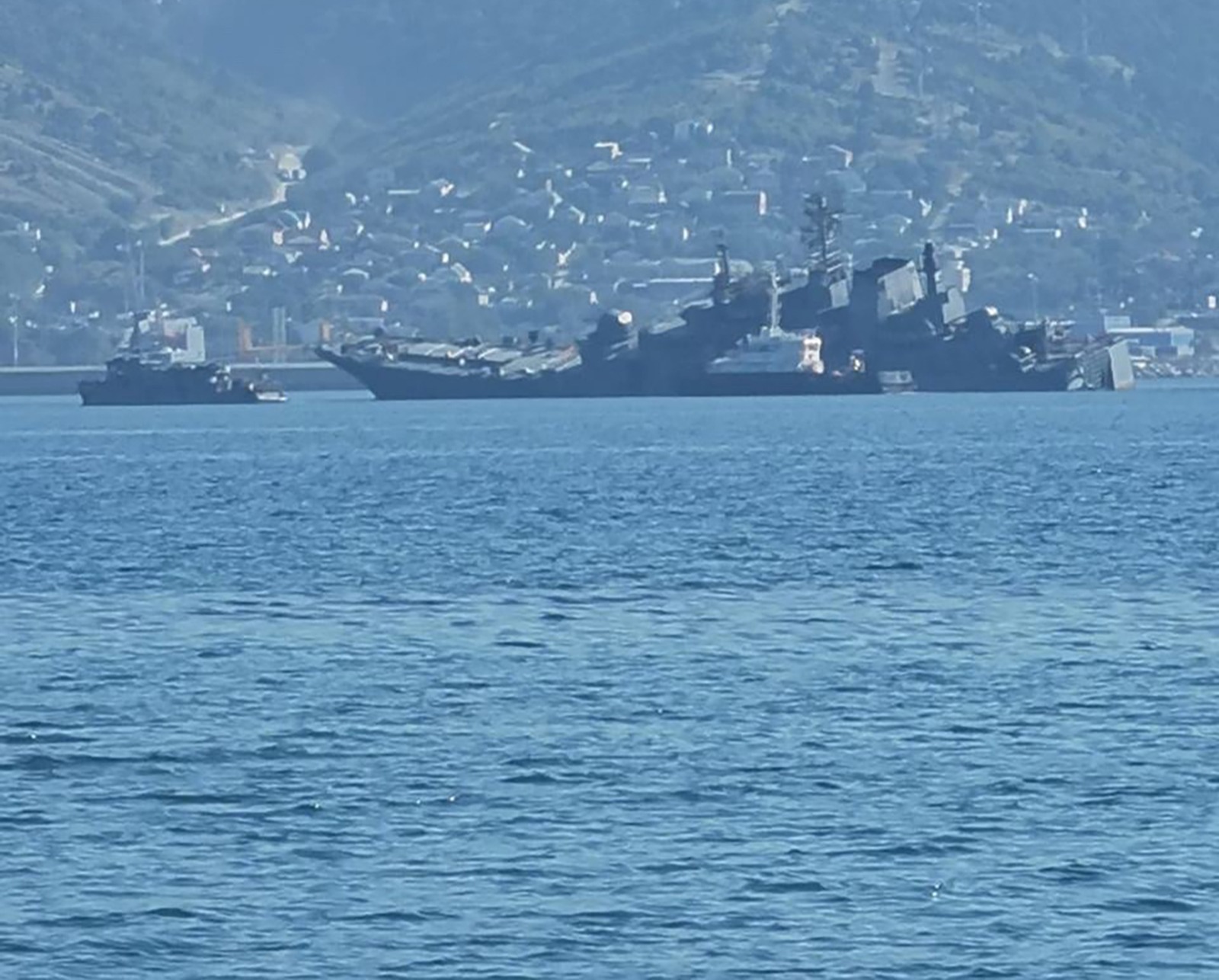 The warship in the aftermath of the suspected Ukrainian drone strike