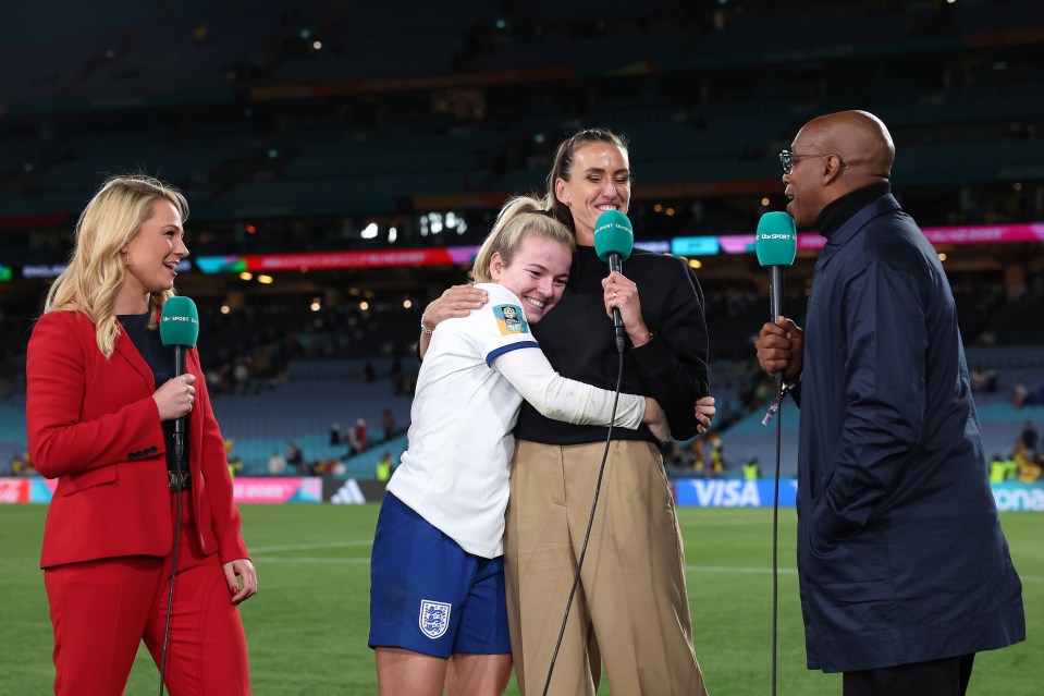 Lauren Hemp hugs Jill Scott during ITV's World Cup coverage